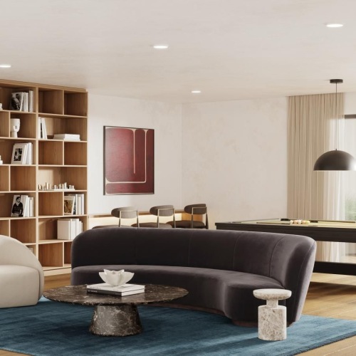 a living room with a large bookcase
