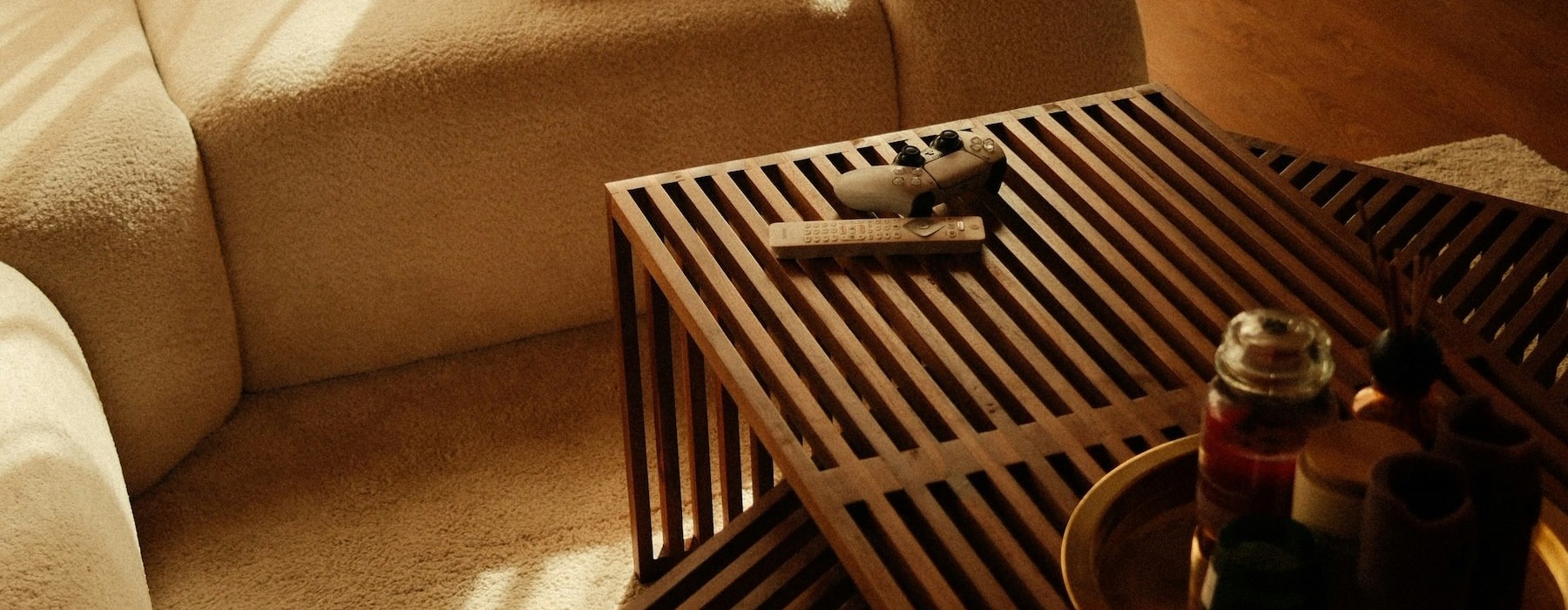 a living room with a coffee table and couch